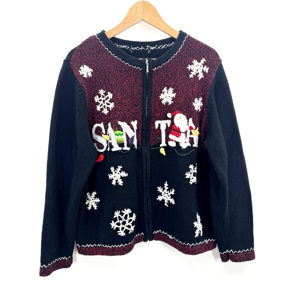 VTG Y2K Large Cardigan Sweater Full Zip Christmas Santa Embroidered Novelty Warm